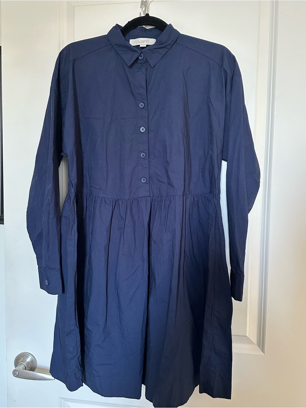LOFT 100% Cotton Navy Button-Front Long-Sleeve Dress
